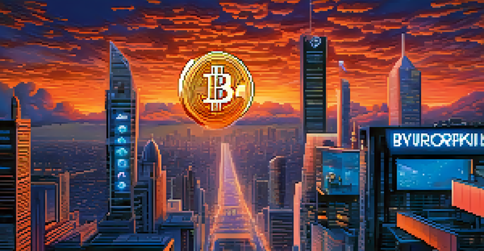 A vibrant city skyline with a mix of traditional and futuristic buildings, featuring neon lights and a Bitcoin billboard, under a colorful sunset sky.