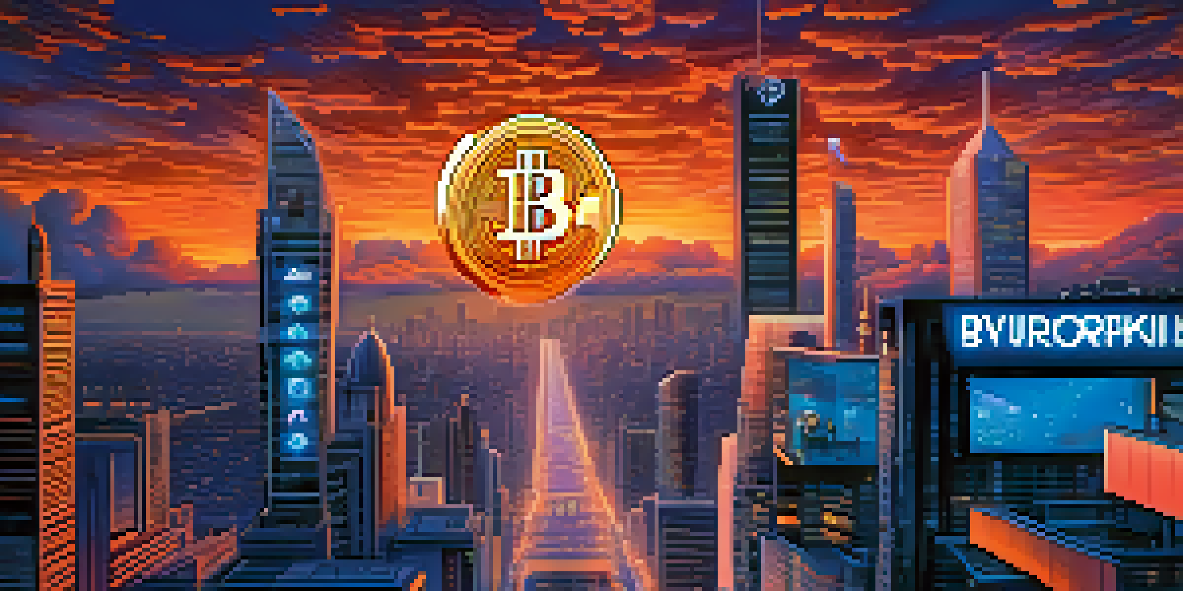 A vibrant city skyline with a mix of traditional and futuristic buildings, featuring neon lights and a Bitcoin billboard, under a colorful sunset sky.