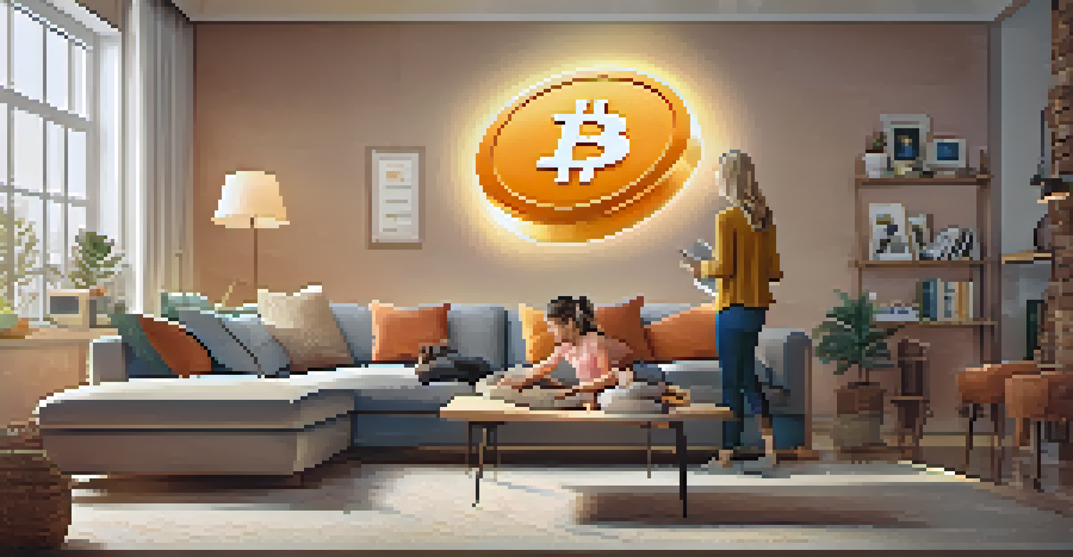 A family in a cozy living room discussing Bitcoin using a laptop, with warm colors and natural light enhancing the scene.