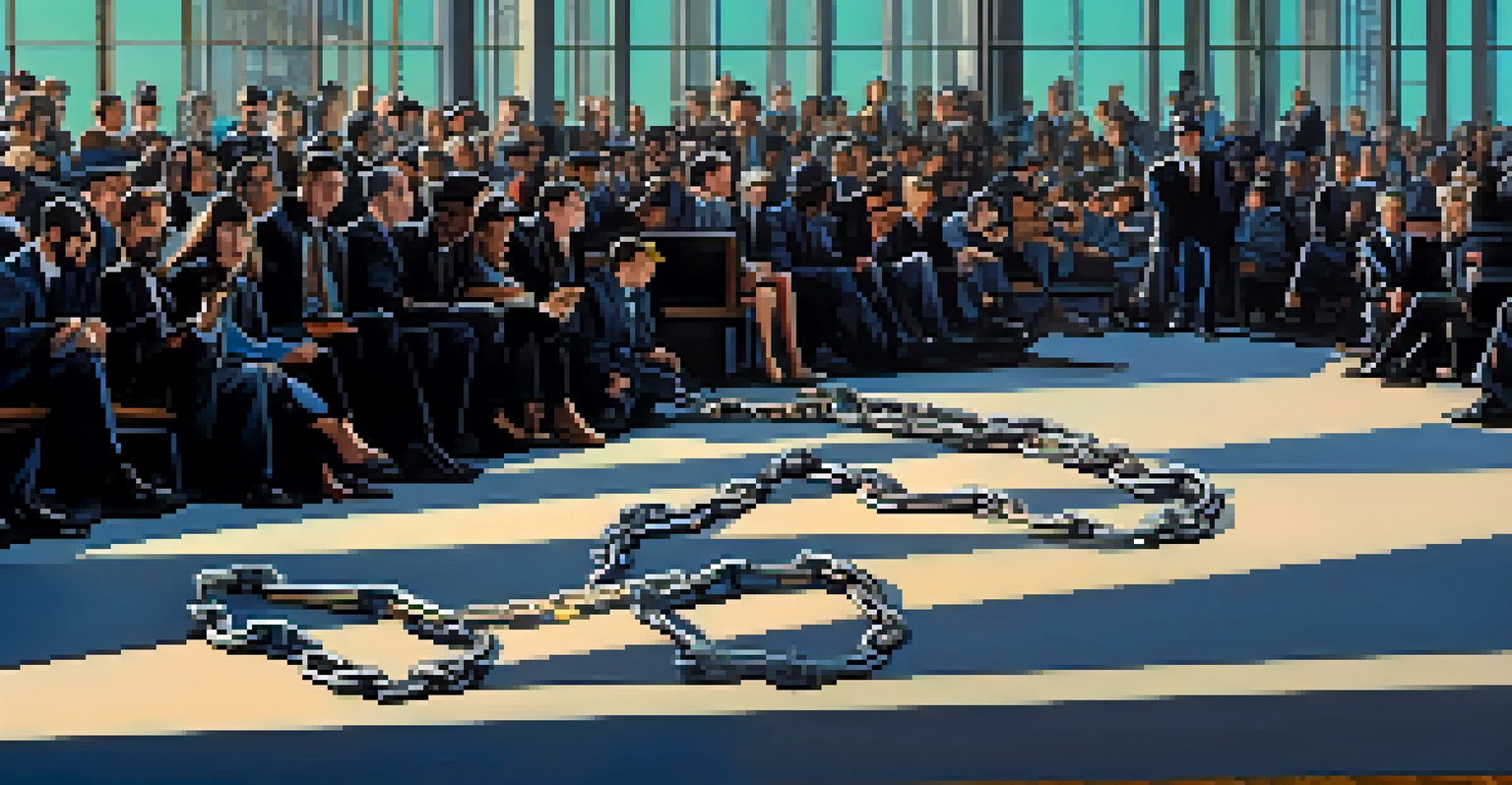 An abstract representation of non-compliance consequences in crypto, featuring broken chains and distressed figures.