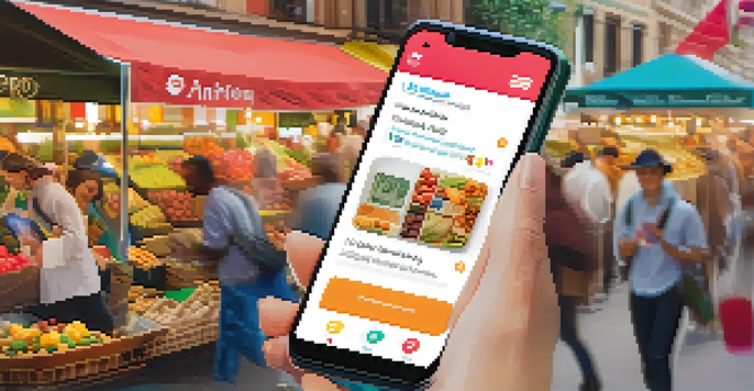 A smartphone displaying a digital wallet interface against the backdrop of a busy market, highlighting the accessibility of technology in financial transactions.