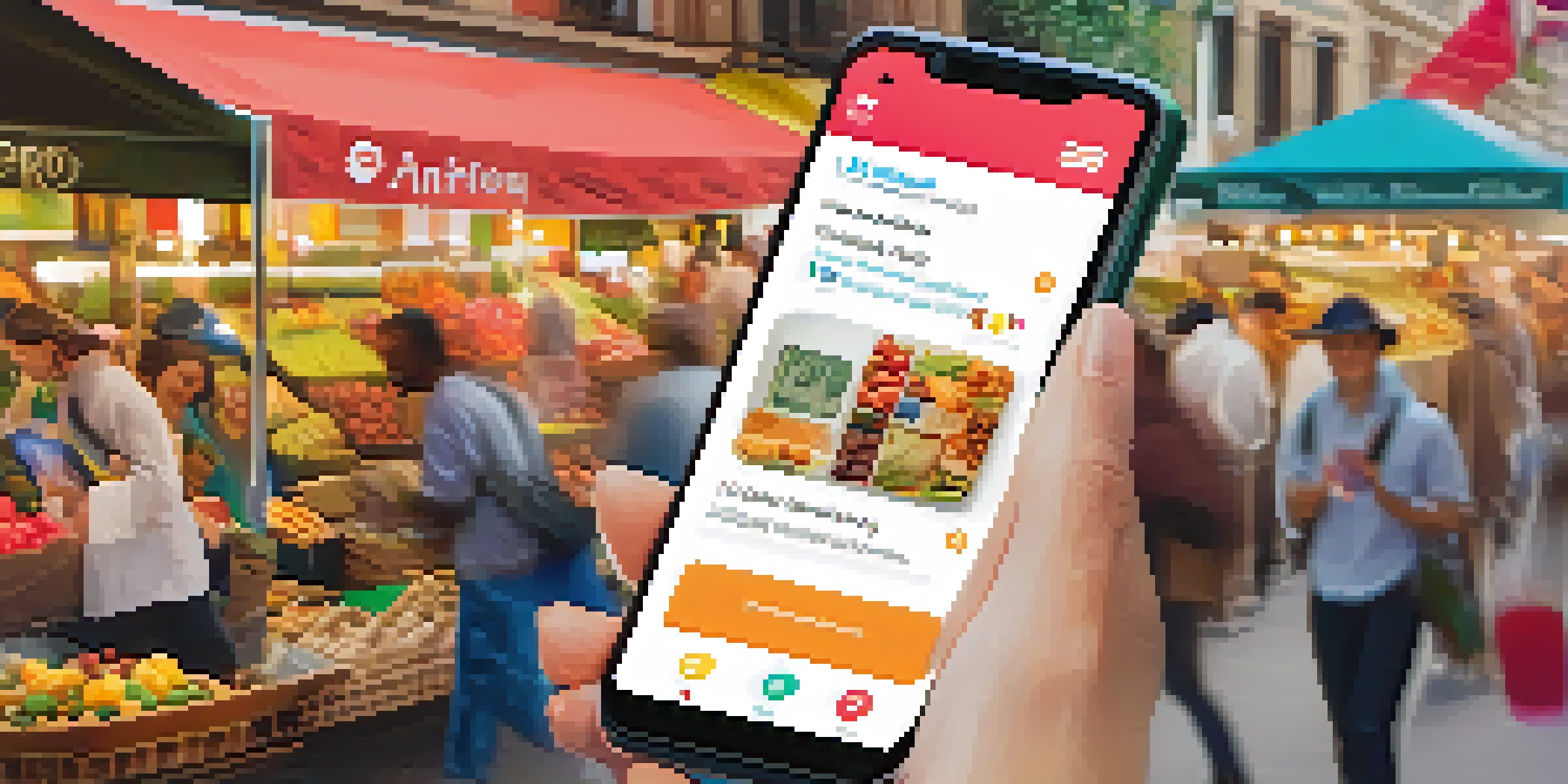 A smartphone displaying a digital wallet interface against the backdrop of a busy market, highlighting the accessibility of technology in financial transactions.