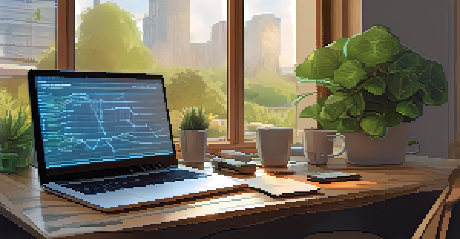 A cozy workspace with a laptop showing code for Bitcoin dApp development, coffee cup, and notepad, bathed in natural light.