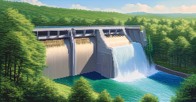 A hydroelectric power plant with trees and water, featuring a digital Bitcoin symbol in the landscape.