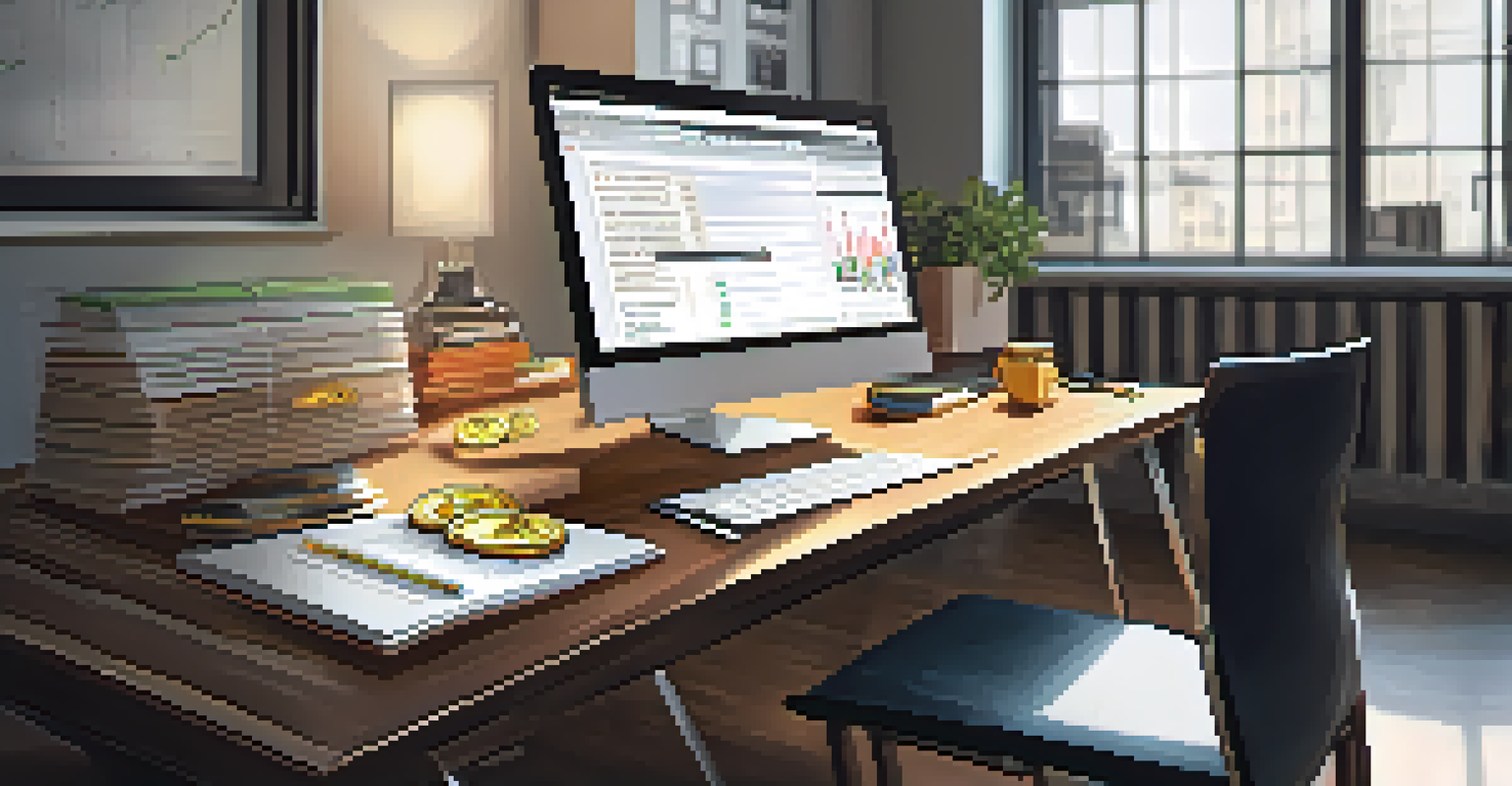 An office desk with an open laptop showing Bitcoin trading prices and a notepad with security tips, illuminated by natural light.