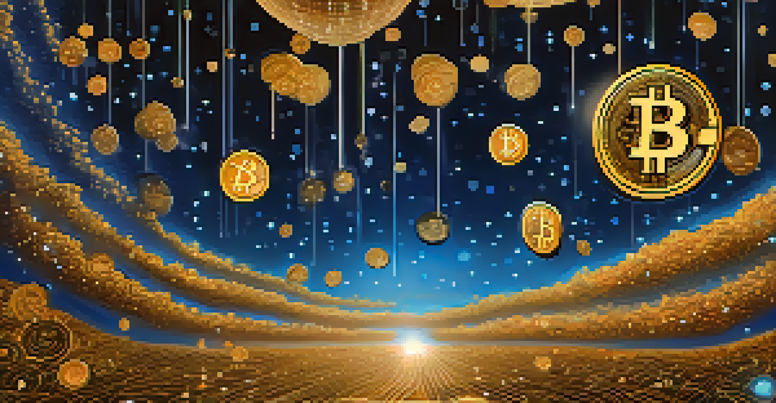 Floating bitcoin symbols in a deep blue cosmic background with stars.