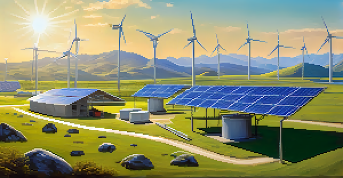 A peaceful landscape showing a Bitcoin mining facility with solar panels and wind turbines, surrounded by mountains under a clear blue sky.