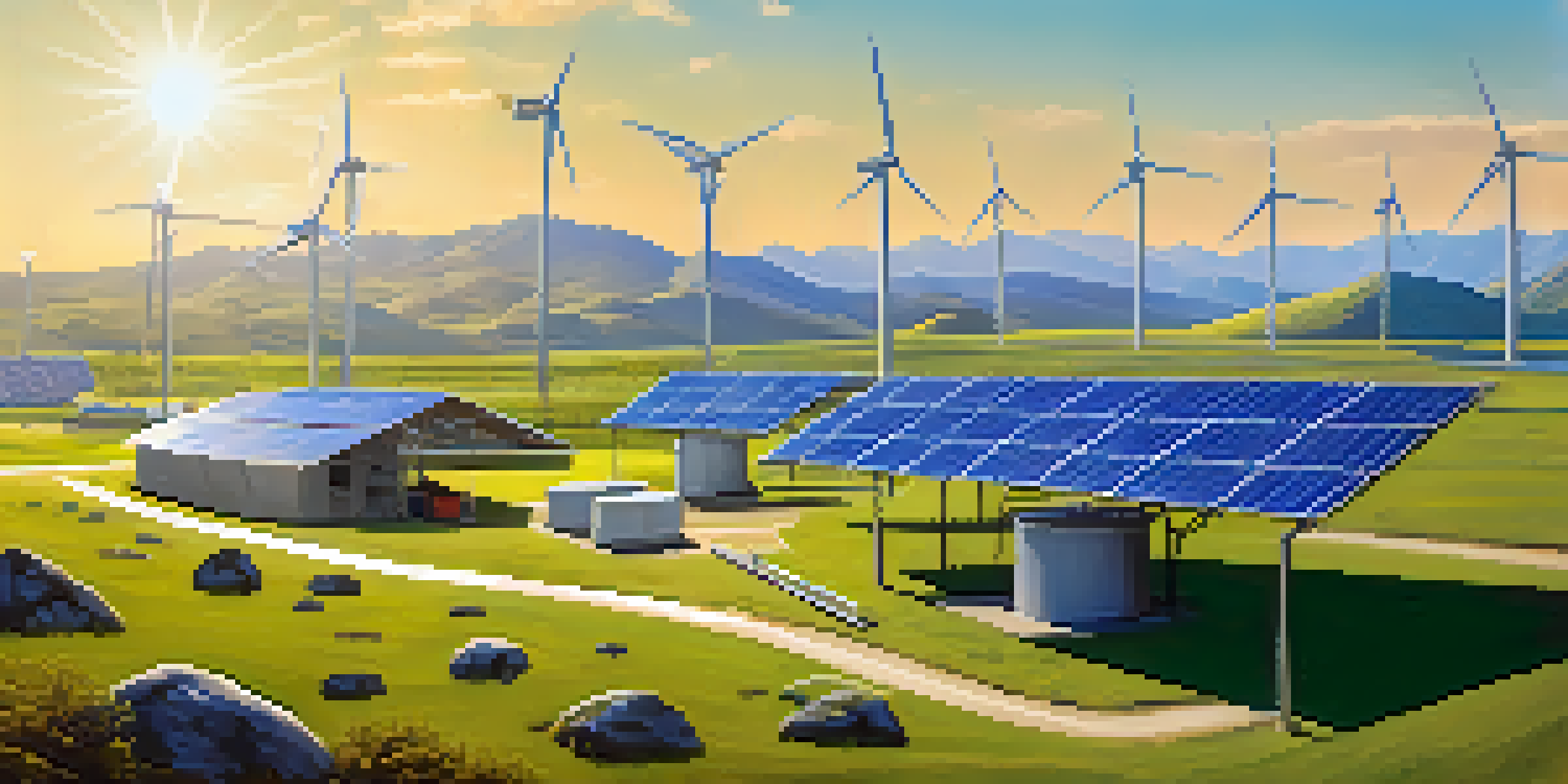 A peaceful landscape showing a Bitcoin mining facility with solar panels and wind turbines, surrounded by mountains under a clear blue sky.