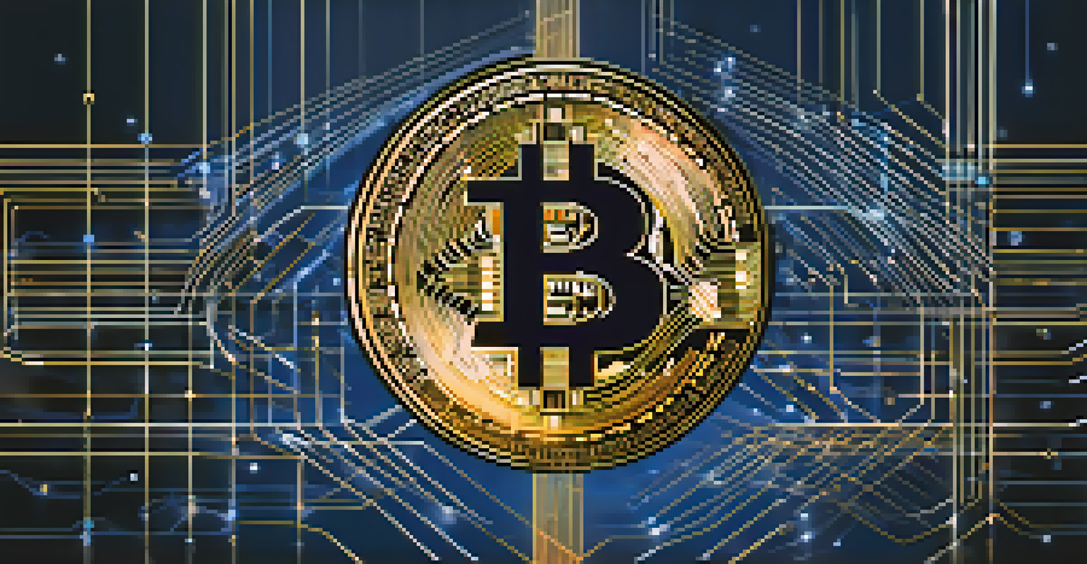An abstract illustration of Bitcoin surrounded by interconnected nodes representing blockchain technology, set against a dark blue background.