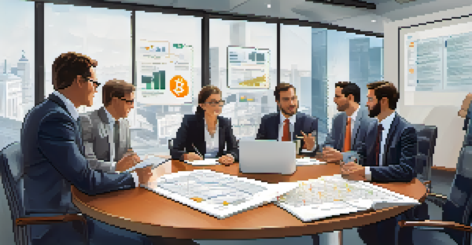 A modern office meeting where professionals are discussing Bitcoin compliance strategies, with charts on a whiteboard.