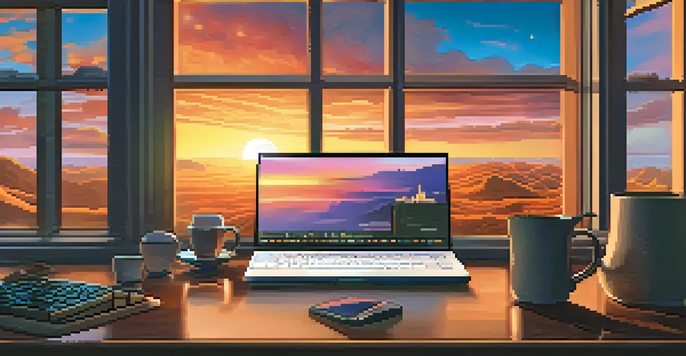 A trader's desk with a computer showing Bitcoin charts and a sunset view in the background.