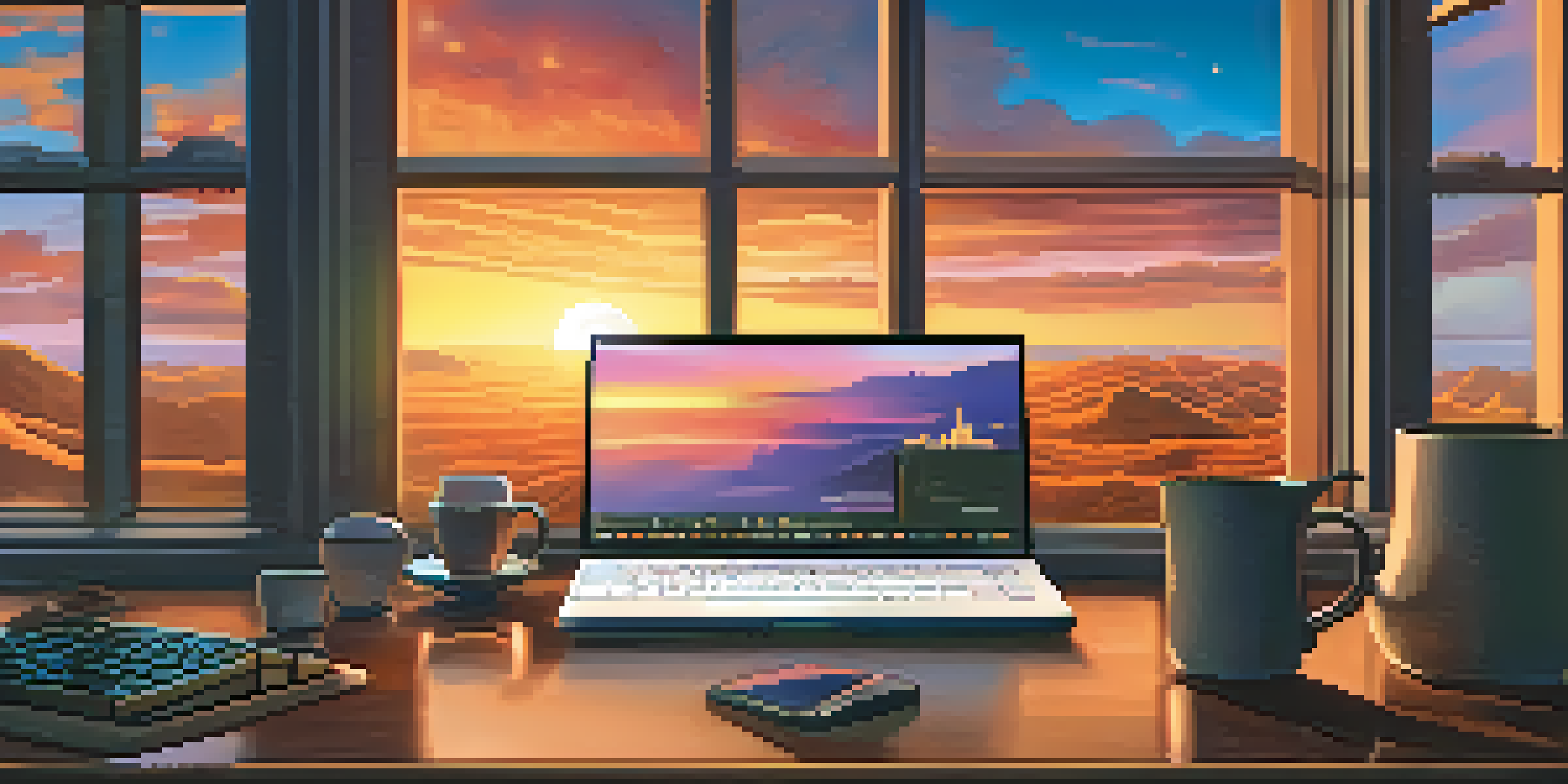 A trader's desk with a computer showing Bitcoin charts and a sunset view in the background.