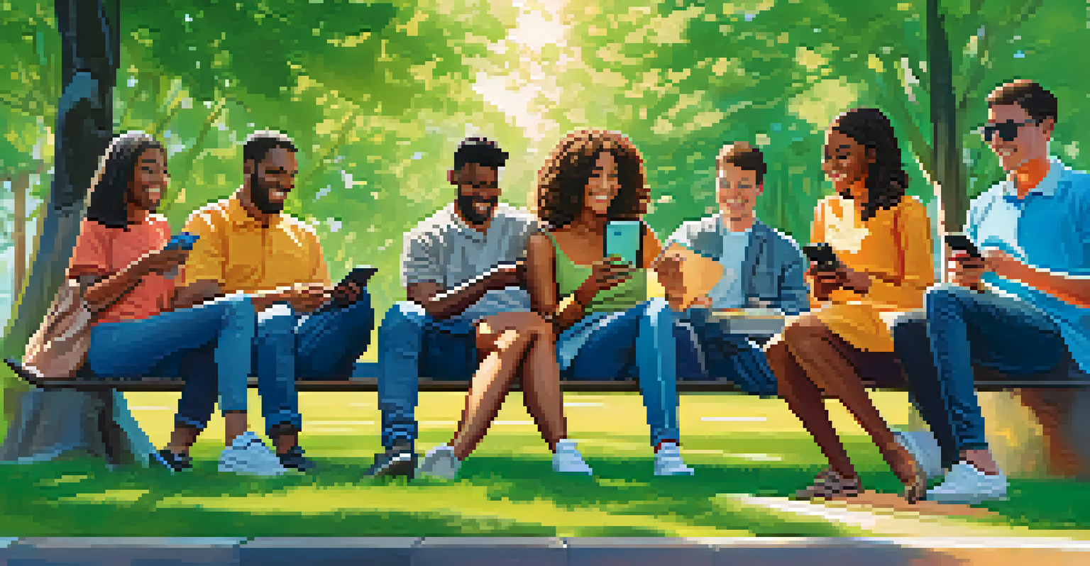 A group of diverse people in a park using smartphones for digital transactions, with trees and a blue sky in the background.