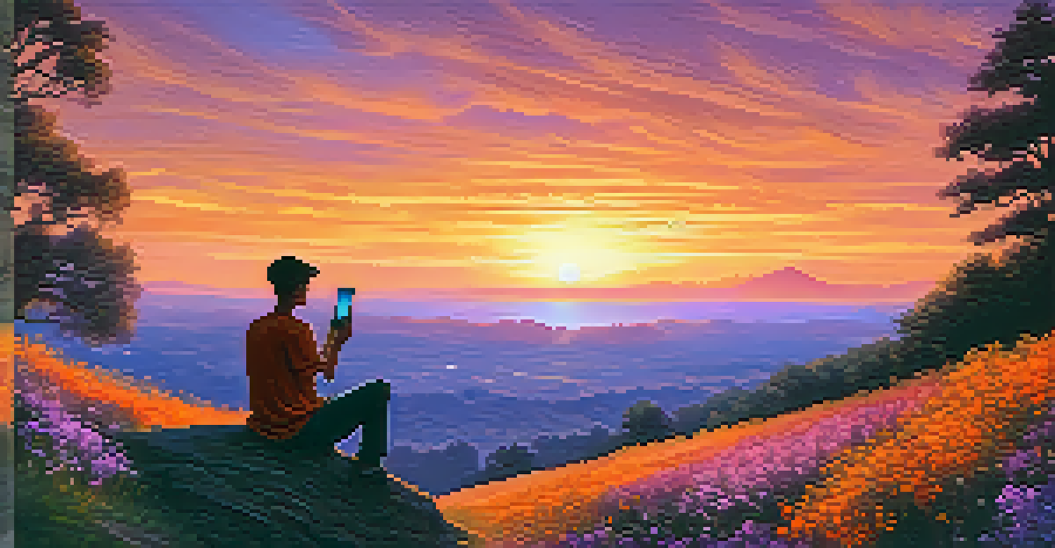 A person on a hilltop at sunset holding a smartphone with a Bitcoin wallet app, surrounded by wildflowers.
