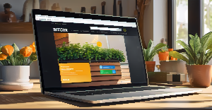 A laptop on a wooden desk showing a Bitcoin payment webpage, with plants in the background and natural light coming through the window.