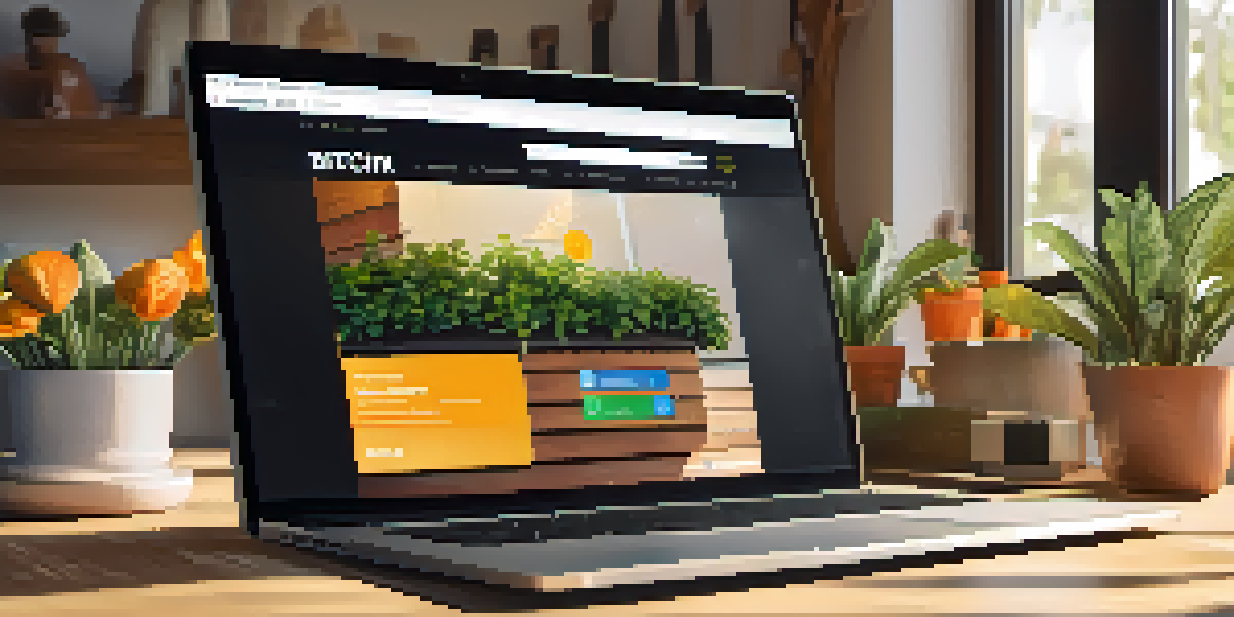 A laptop on a wooden desk showing a Bitcoin payment webpage, with plants in the background and natural light coming through the window.