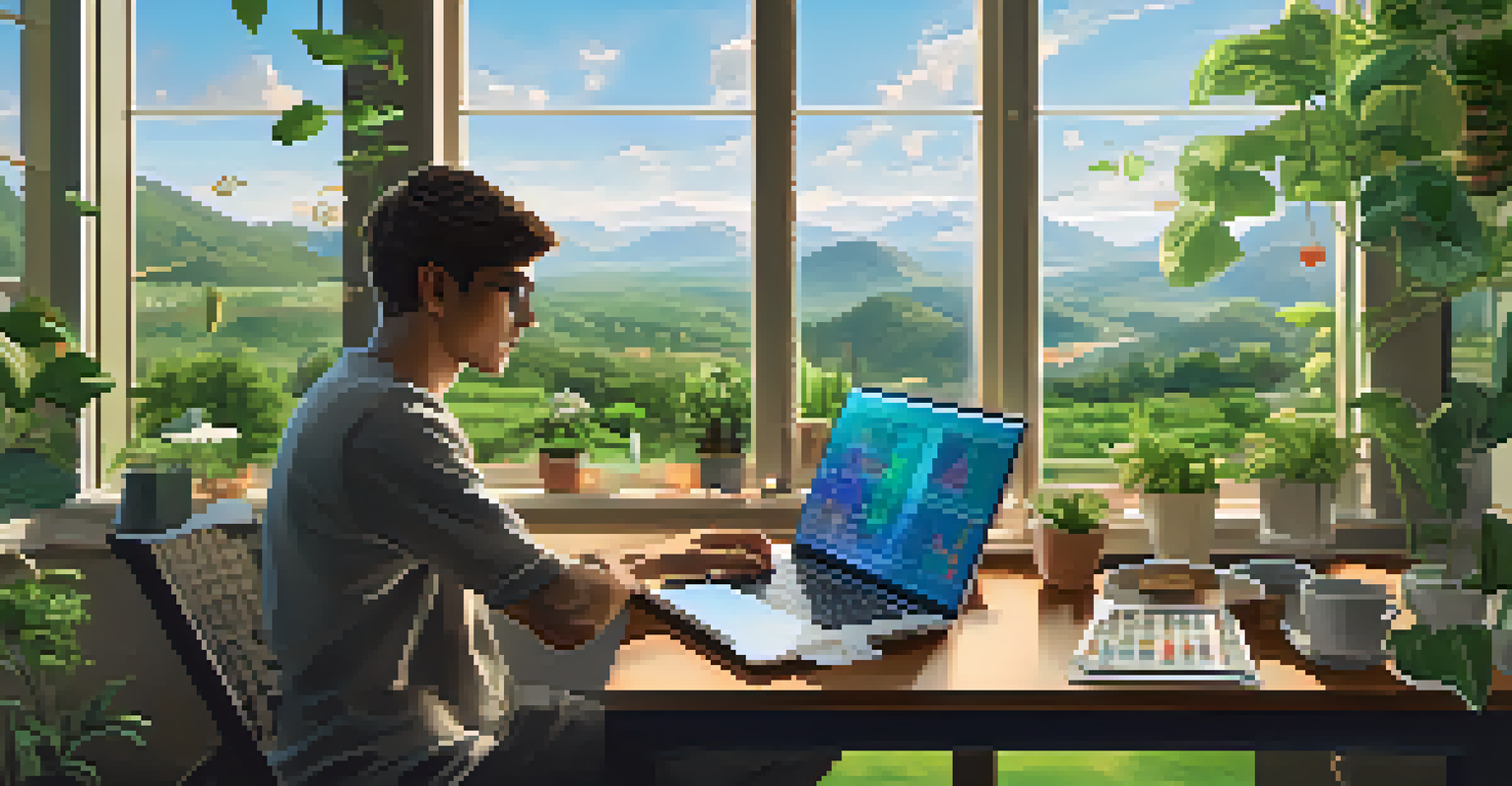 A person analyzing cryptocurrency market trends at a desk with a laptop, surrounded by charts in a serene garden setting.