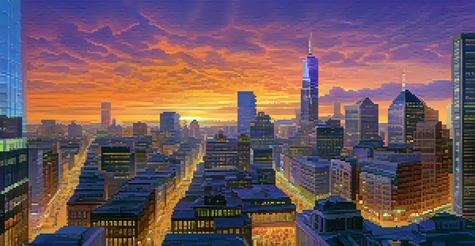 A city skyline at dusk featuring traditional banks and cryptocurrency offices, with people using digital devices, illuminated by soft lights.