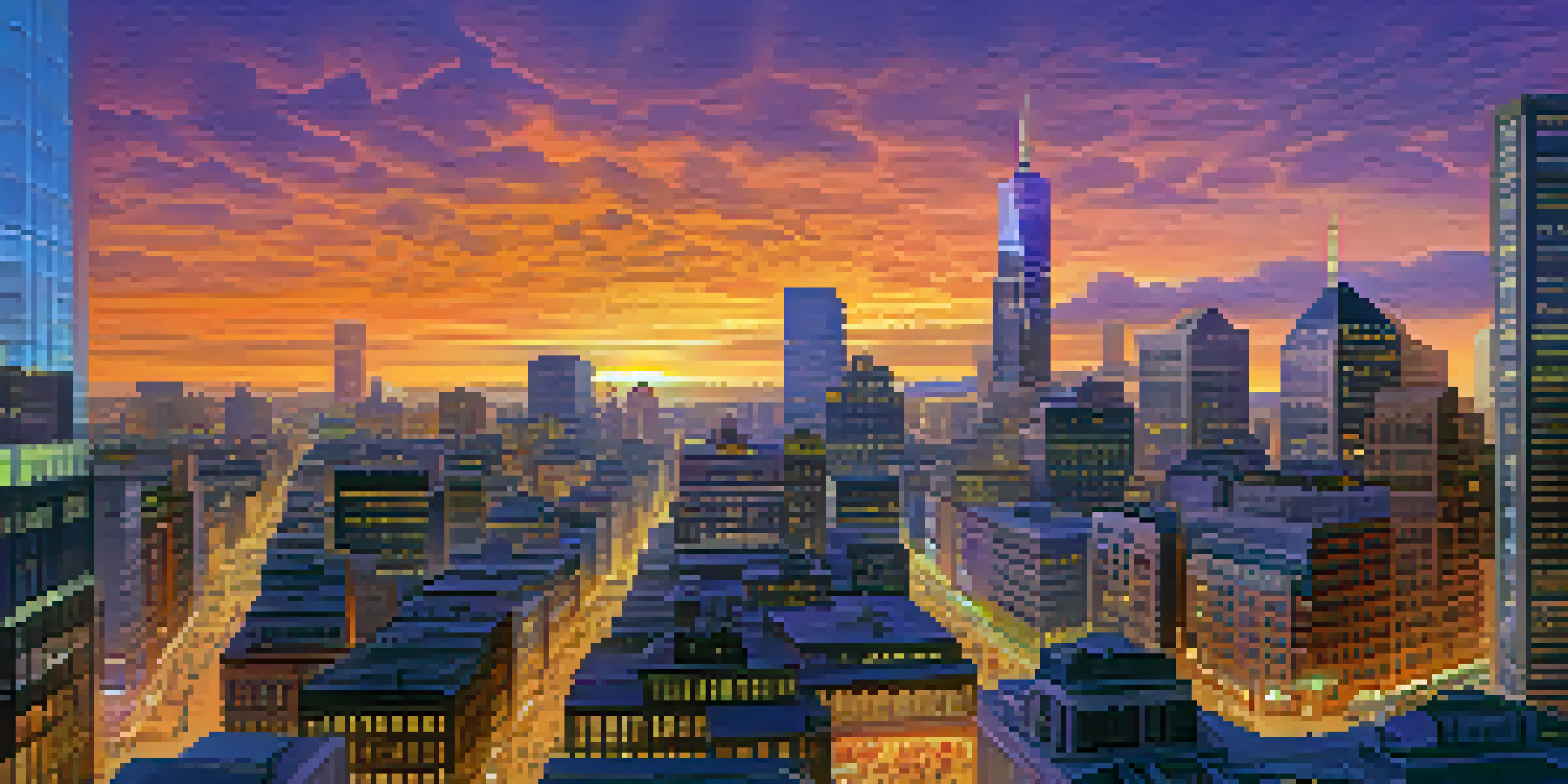 A city skyline at dusk featuring traditional banks and cryptocurrency offices, with people using digital devices, illuminated by soft lights.