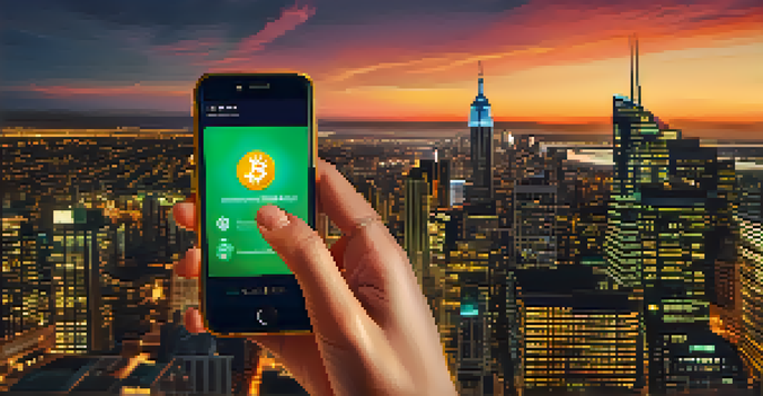 A close-up of a hand holding a smartphone showing a Bitcoin wallet, with a blurred cityscape in the background.