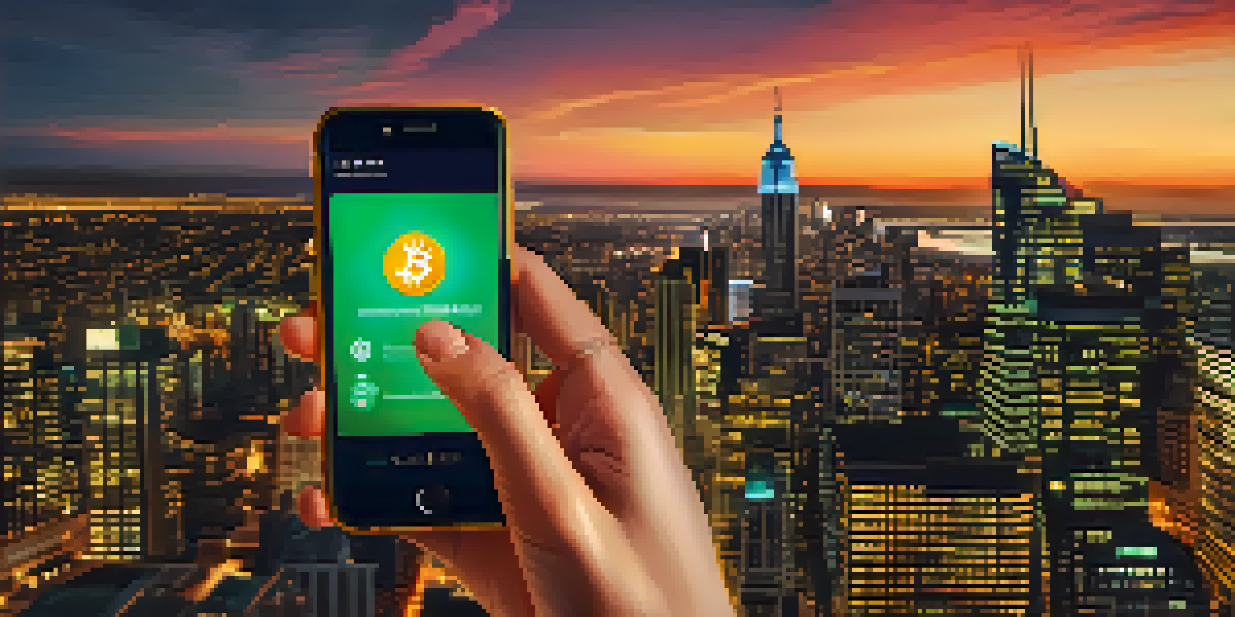 A close-up of a hand holding a smartphone showing a Bitcoin wallet, with a blurred cityscape in the background.