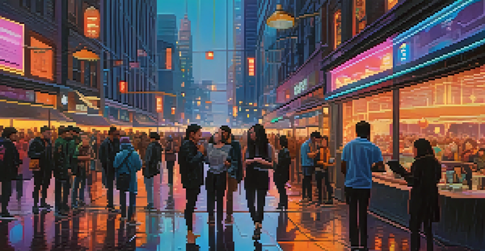 A cityscape at dusk with neon lights and a diverse crowd using smartphones.