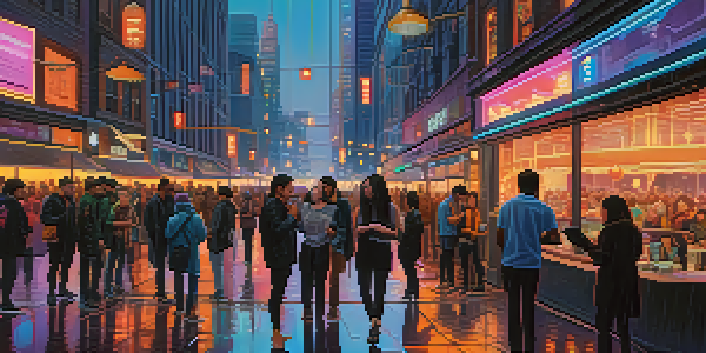 A cityscape at dusk with neon lights and a diverse crowd using smartphones.