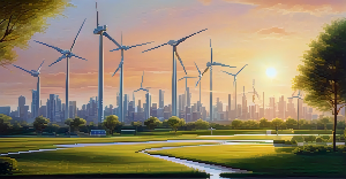 A modern city skyline with solar panels and wind turbines, illuminated by sunset light, surrounded by green parks.