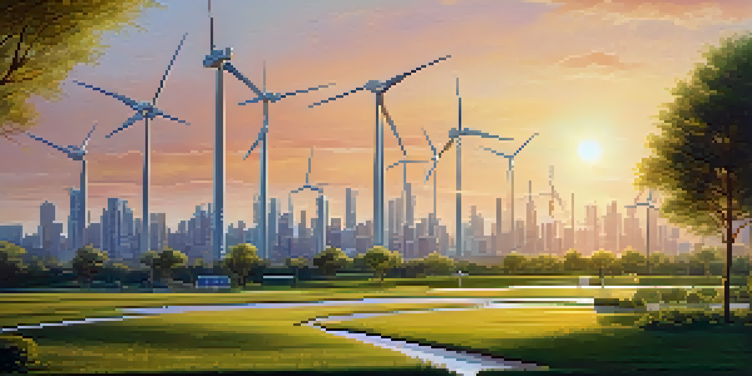 A modern city skyline with solar panels and wind turbines, illuminated by sunset light, surrounded by green parks.