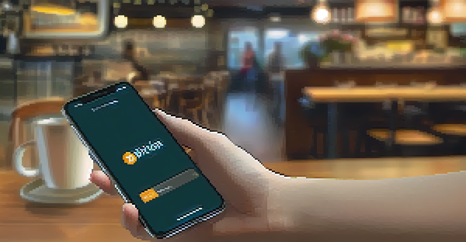 A person holding a smartphone showing a Bitcoin wallet in a cozy café environment.