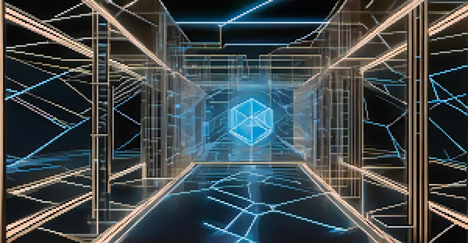 A visual representation of a blockchain network with interconnected glowing blocks.