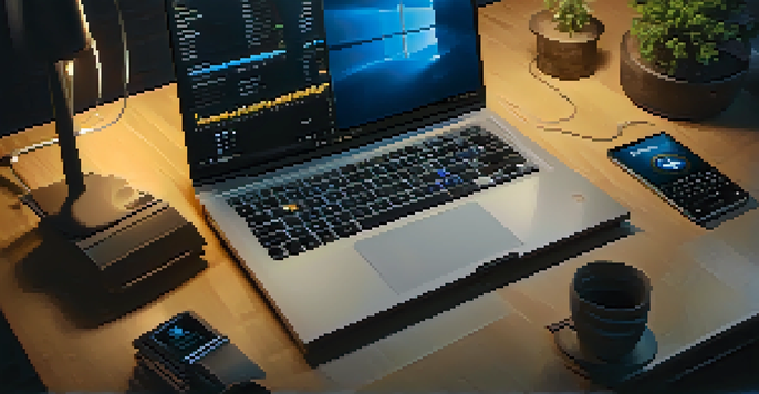 A person working on a laptop in a dimly lit room with a digital wallet interface on the screen and cryptocurrency coins on the desk.