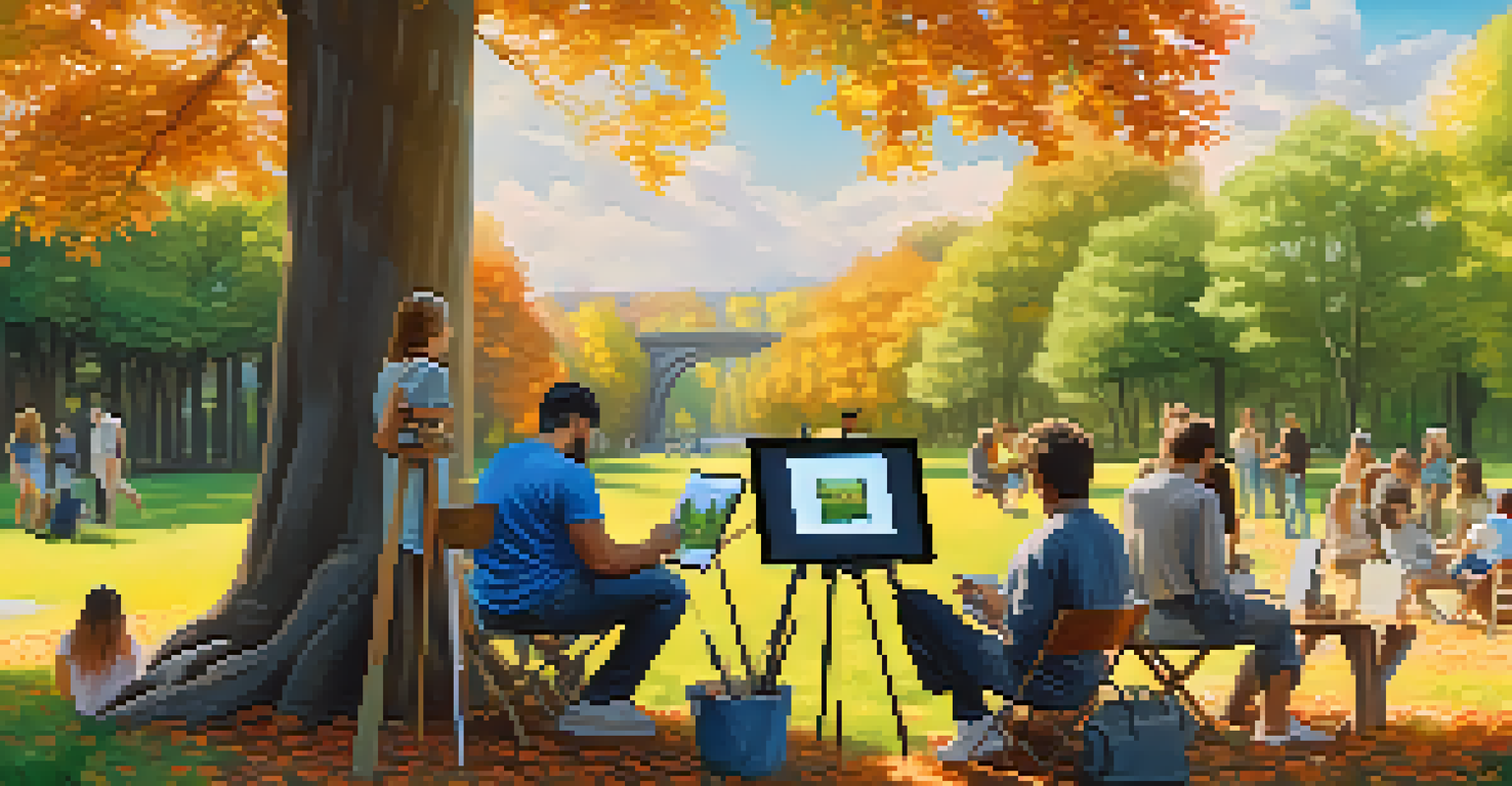 An artist painting in a park, with art enthusiasts discussing Bitcoin in the background.