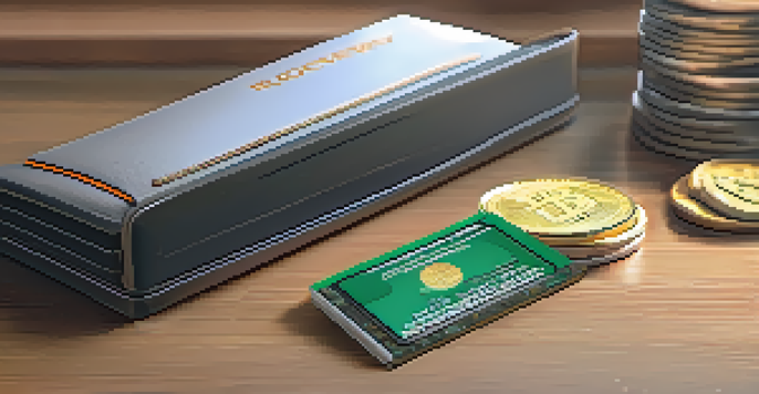 A modern hardware cold wallet on a wooden desk with cryptocurrency coins and a notepad containing recovery phrases, illuminated by soft natural light.