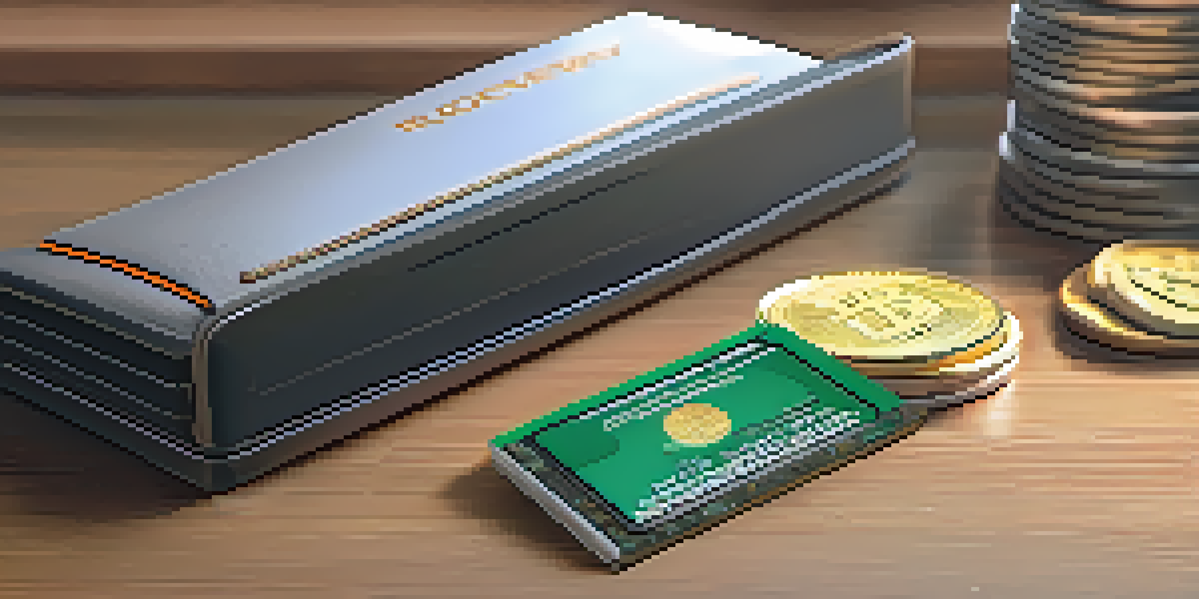 A modern hardware cold wallet on a wooden desk with cryptocurrency coins and a notepad containing recovery phrases, illuminated by soft natural light.