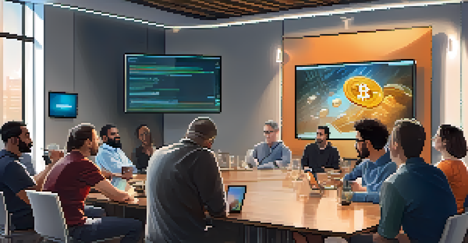 A diverse group of people discussing Bitcoin in a modern conference room.