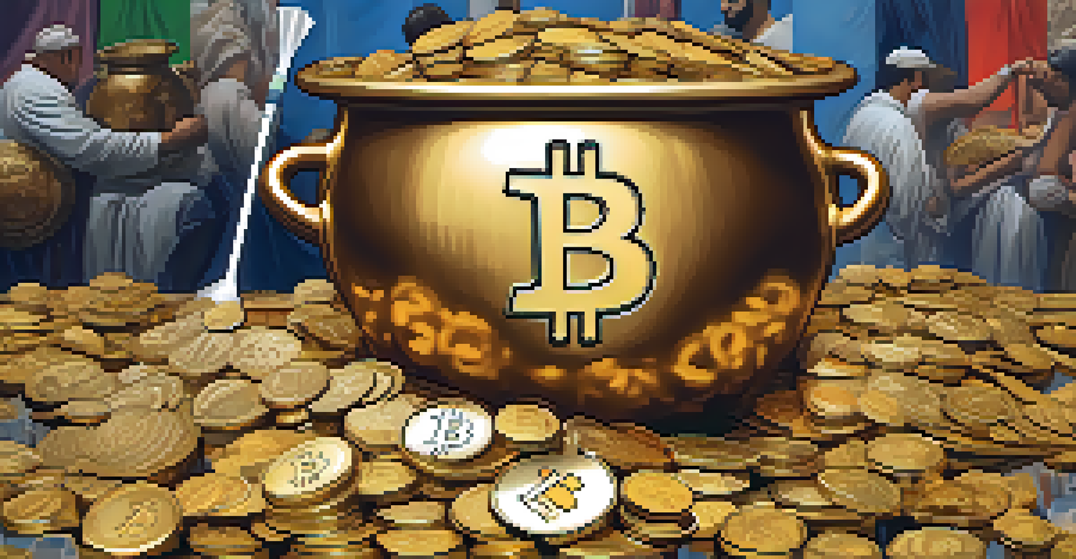 A large pot mixing various coins and currencies, symbolizing Bitcoin mixing services, with obscured origins.