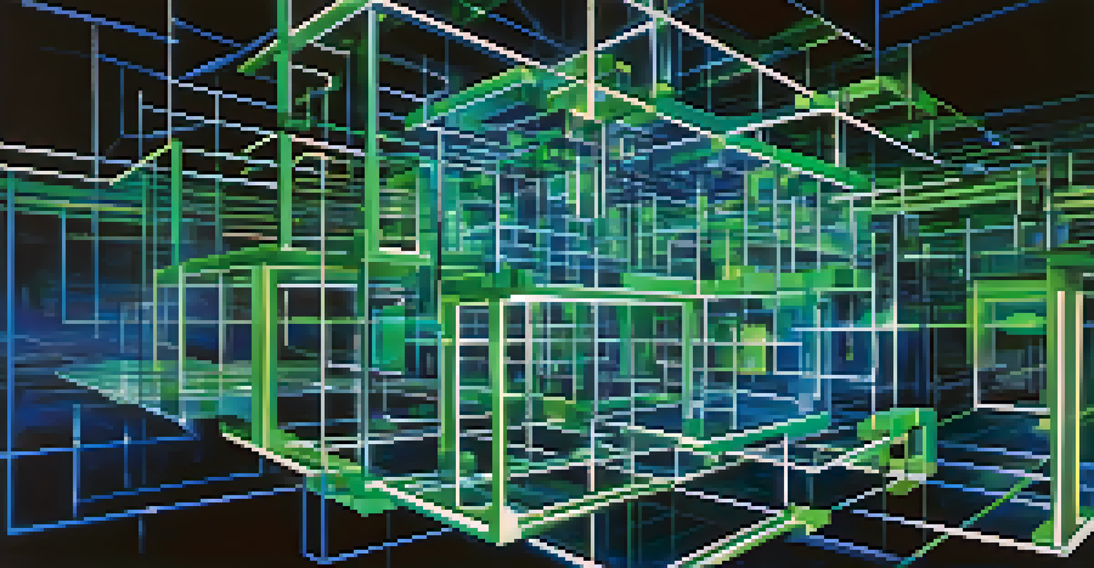 An abstract image of glowing interconnected digital blocks representing blockchain technology in a dark space.