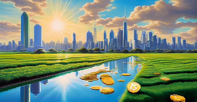 A peaceful landscape featuring digital Bitcoin coins on green grass, with a futuristic city in the background and a bright blue sky.