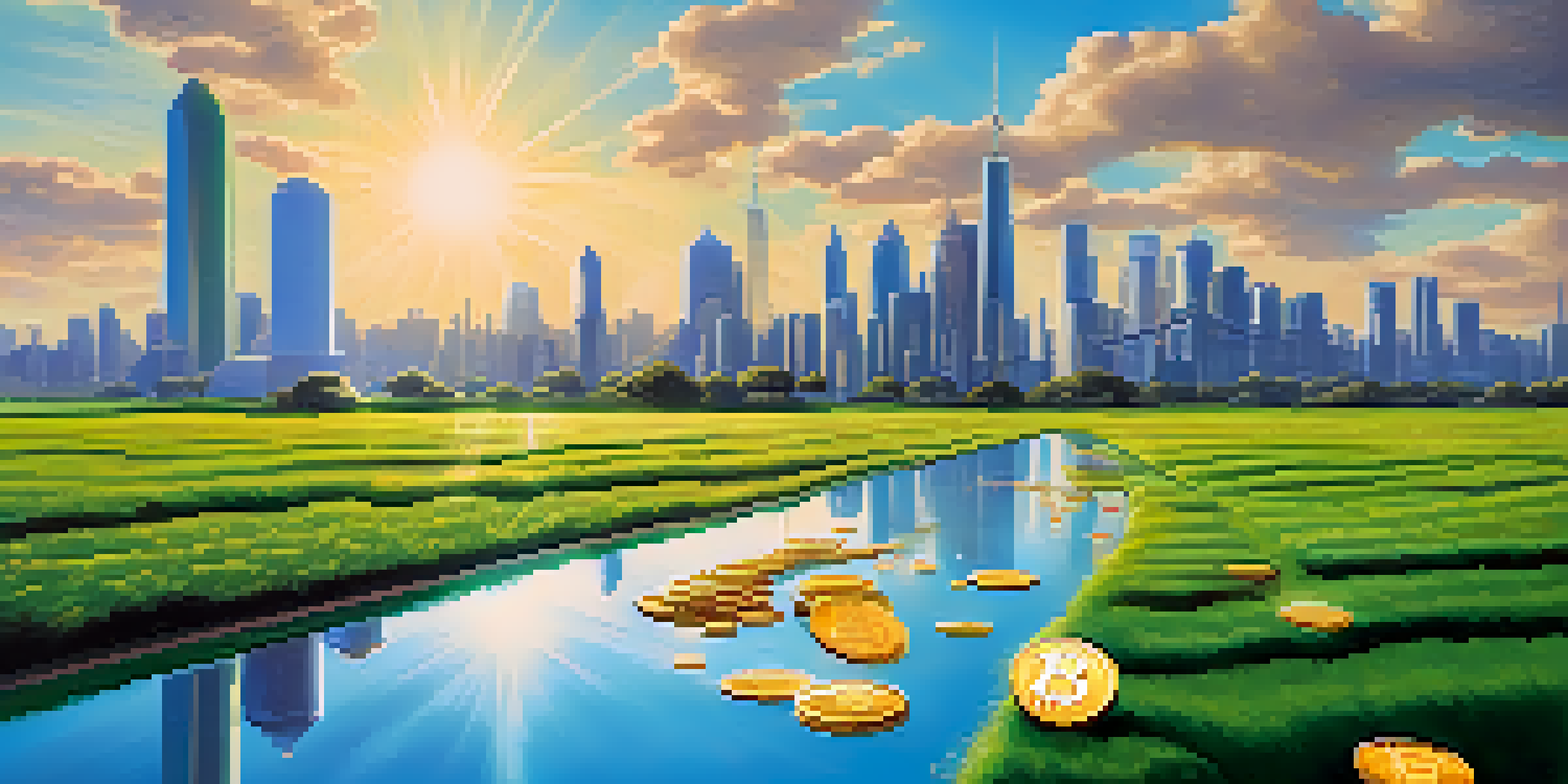 A peaceful landscape featuring digital Bitcoin coins on green grass, with a futuristic city in the background and a bright blue sky.