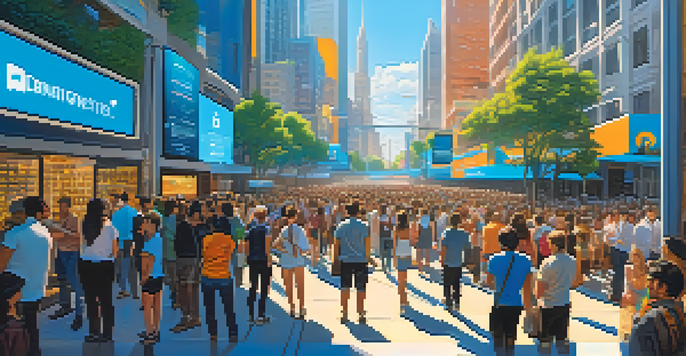 A lively city street where people are discussing Bitcoin, surrounded by digital screens showing cryptocurrency prices.