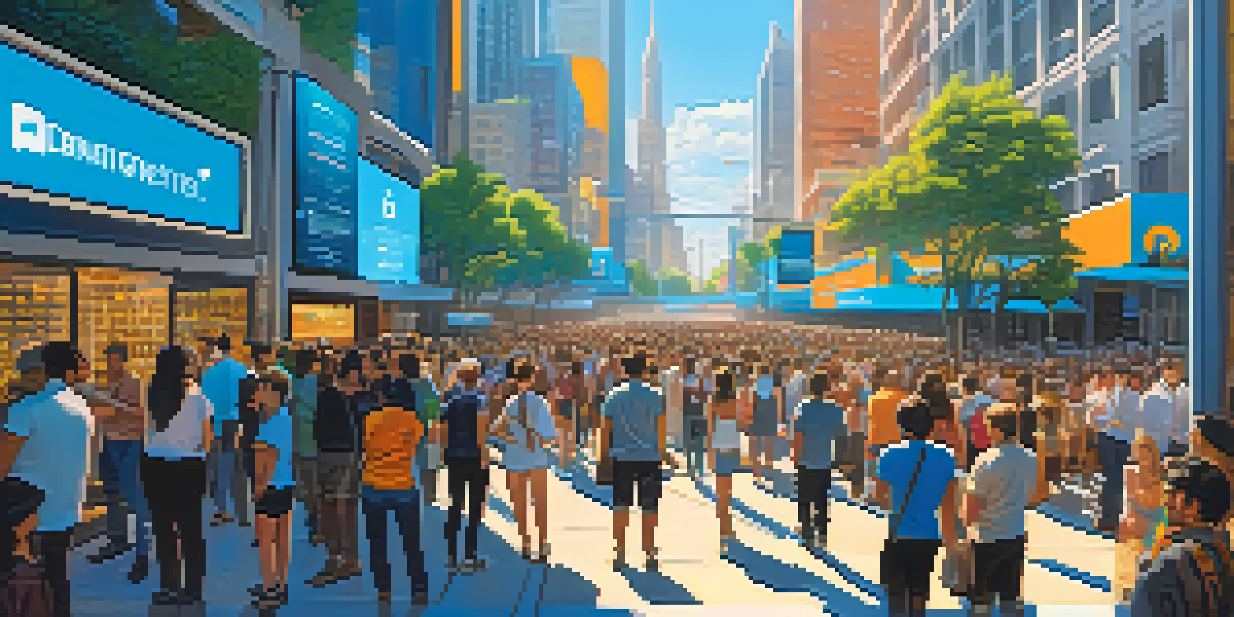 A lively city street where people are discussing Bitcoin, surrounded by digital screens showing cryptocurrency prices.