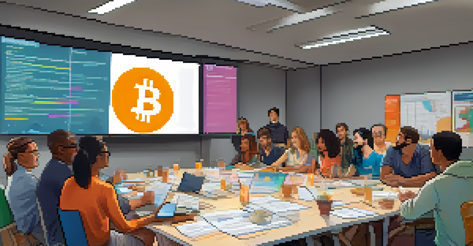 A diverse group of people attending a Bitcoin education workshop, with a projector displaying information.