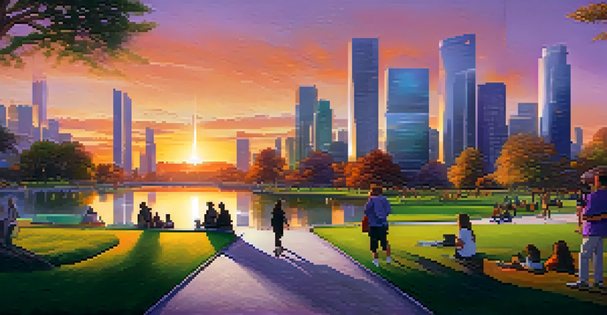 A futuristic city skyline at sunset with vibrant colors, lush parks, and people walking.