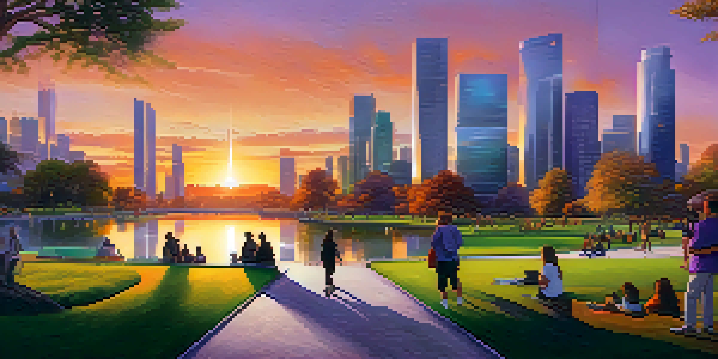 A futuristic city skyline at sunset with vibrant colors, lush parks, and people walking.