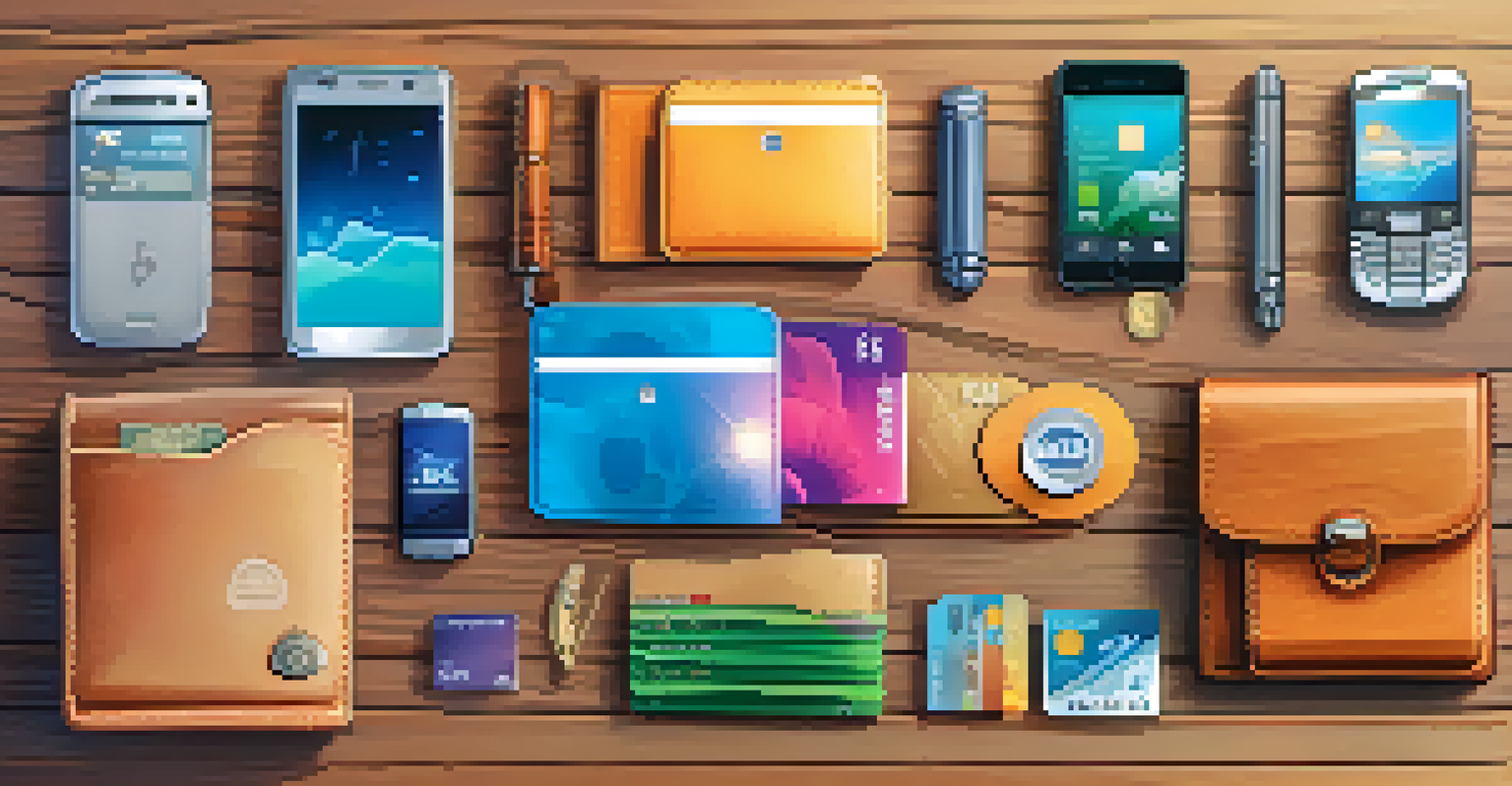 An assortment of different types of digital wallets arranged on a table, surrounded by coins and banknotes, illustrating the evolution of finance.