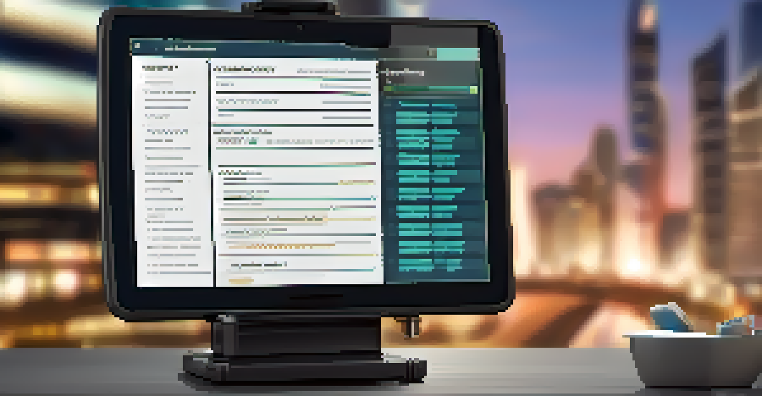 A close-up of a digital tablet showing a cryptocurrency compliance checklist, with a city skyline in the background.