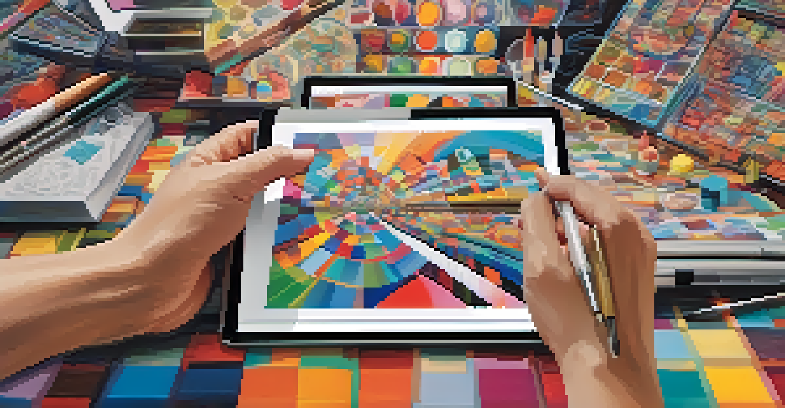 An artist creating digital art on a tablet with colorful designs, framed paintings in the background, and a Bitcoin symbol.
