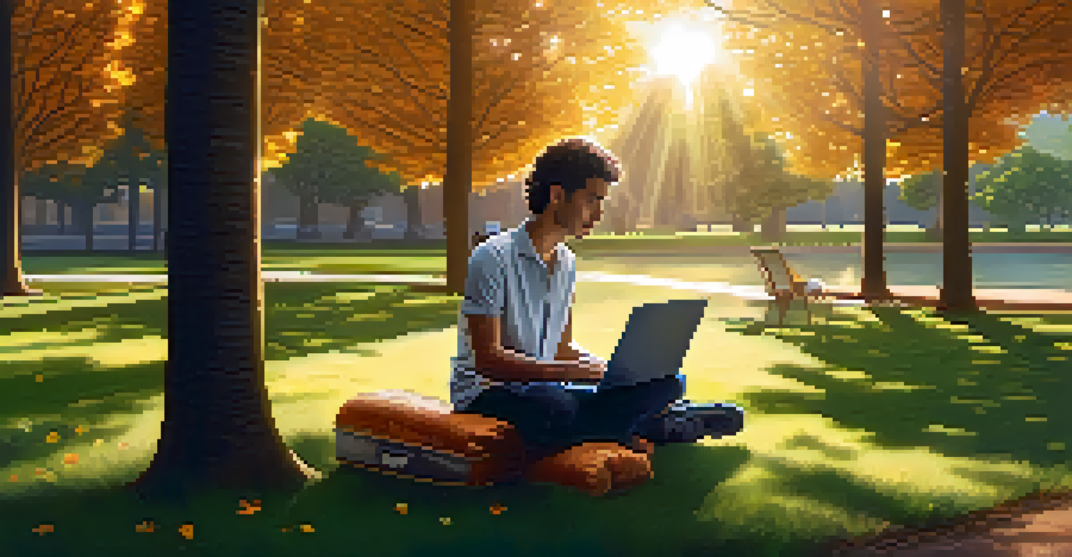 A person in a park using a laptop to manage Bitcoin transactions, surrounded by trees and warm sunlight.