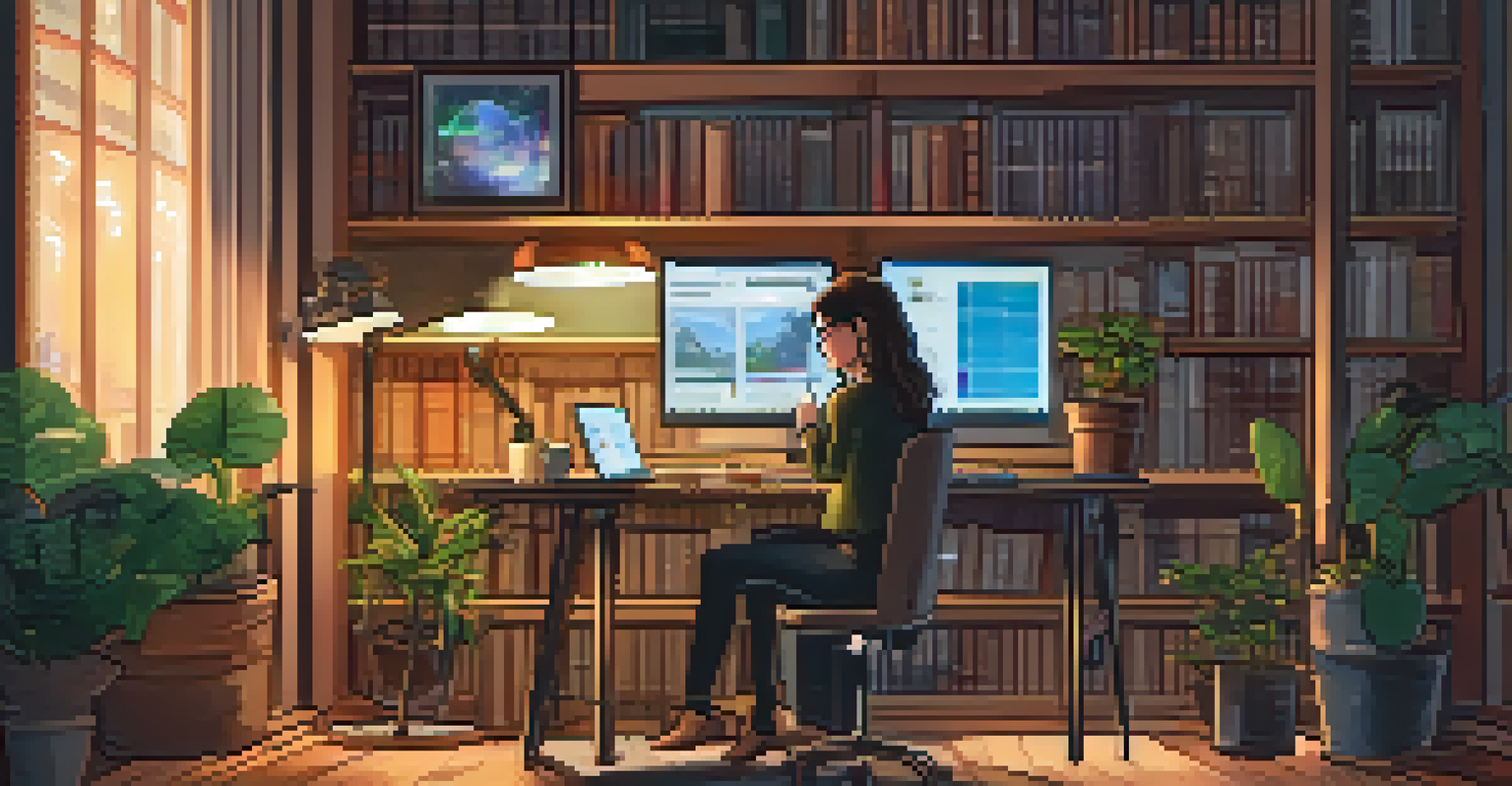 A person in a cozy office researching Bitcoin investments on a laptop, surrounded by books and plants.